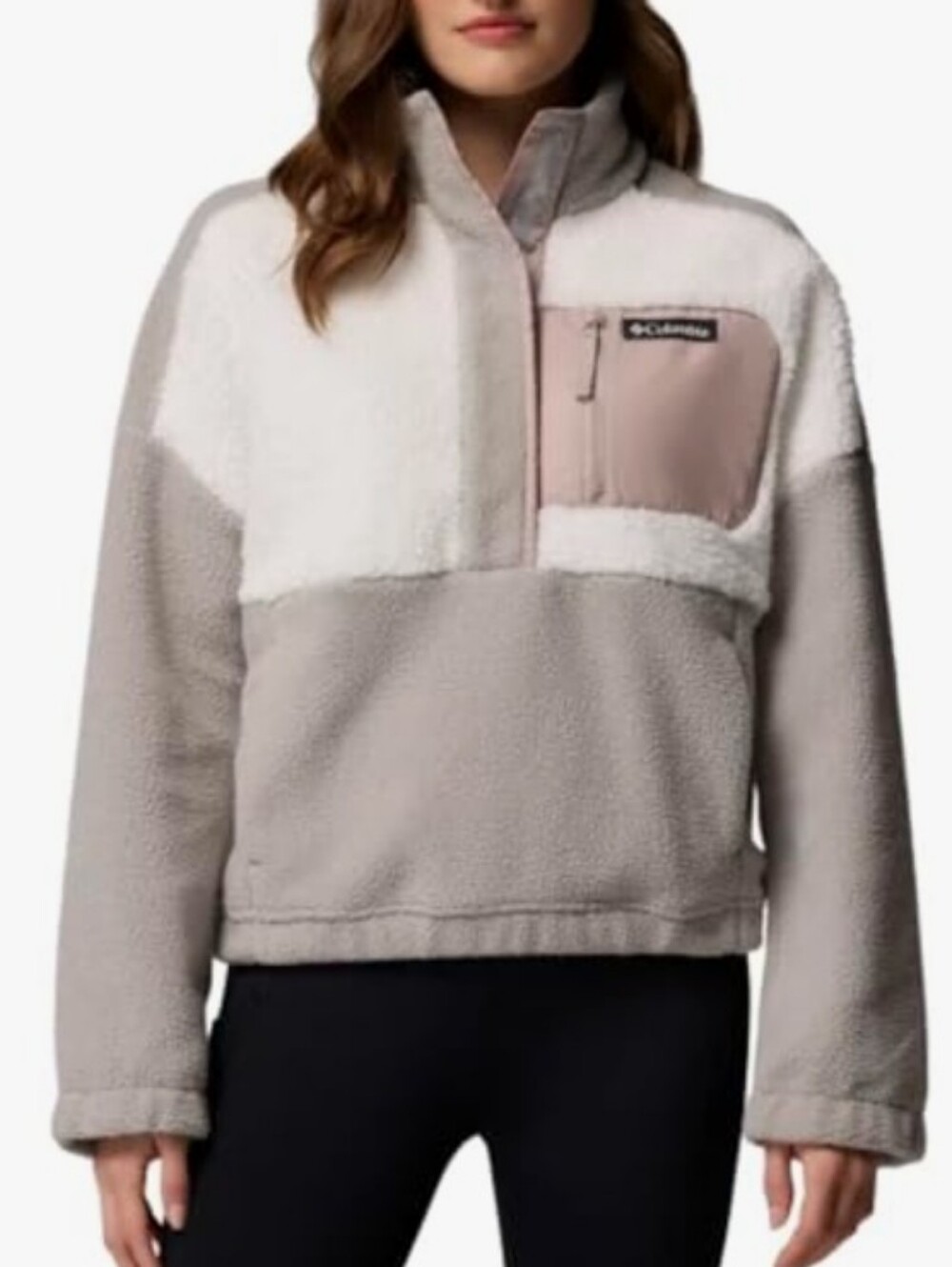 Columbia Cropped Colorblock Sherpa Half Snap Fleece Gray White Pink M - Picture 16 of 16